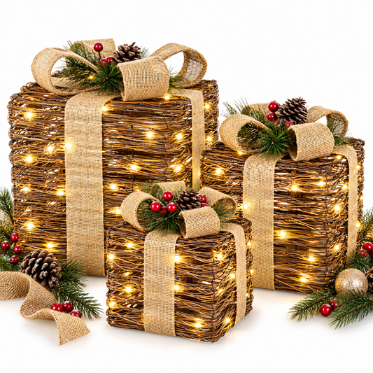 Ozdoba świąteczna LED Prezent czarny, beżowy 30x26x26 25x21x21 18x17x17 cm