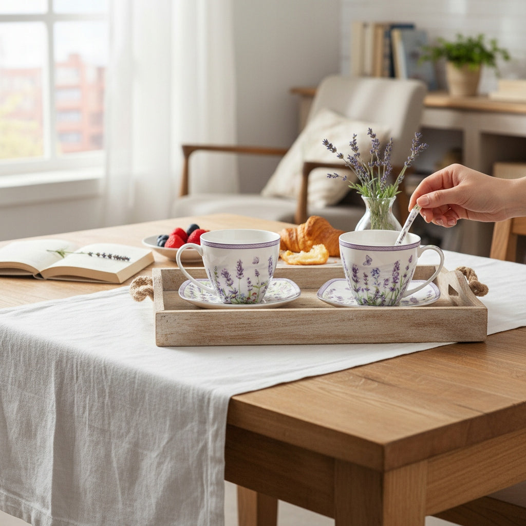 Zestaw 2 filiżanek z podstawkami i łyżeczkami porcelana lawenda prowansja