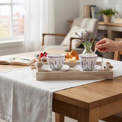 Zestaw 2 filiżanek z podstawkami i łyżeczkami porcelana lawenda prowansja