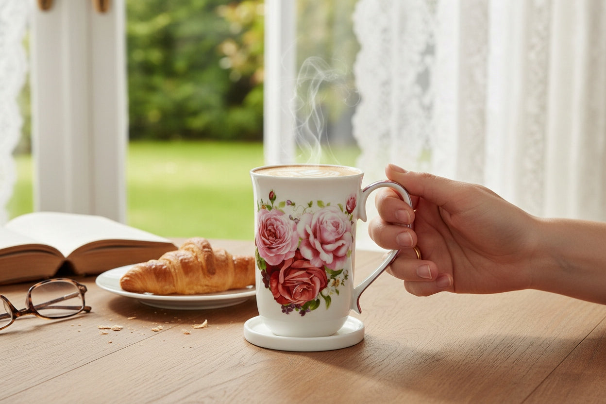 Kubek porcelanowy 400 ml w róże elegancki kubek kwiatowy prezent w pudełku