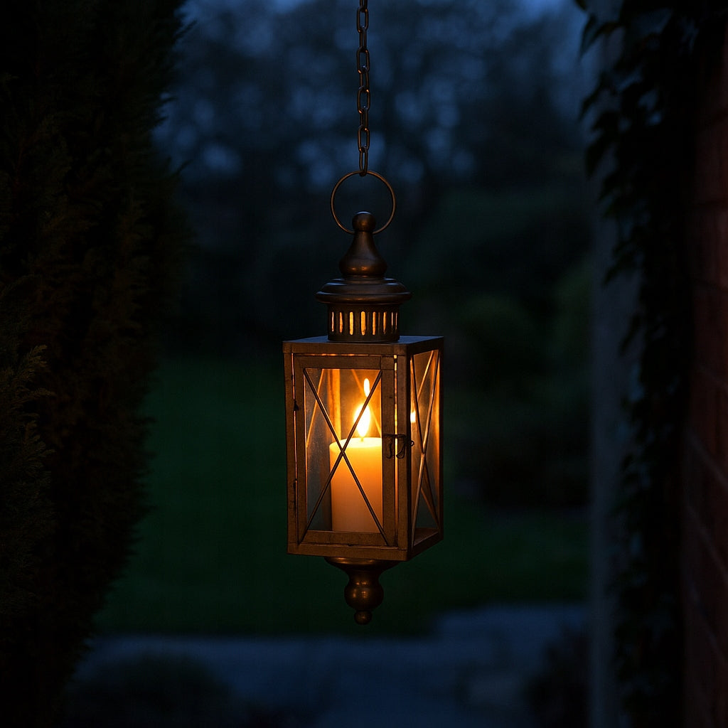 Metalowy lampion złoty wiszący szklany latarnia złota retro dekoracja hak
