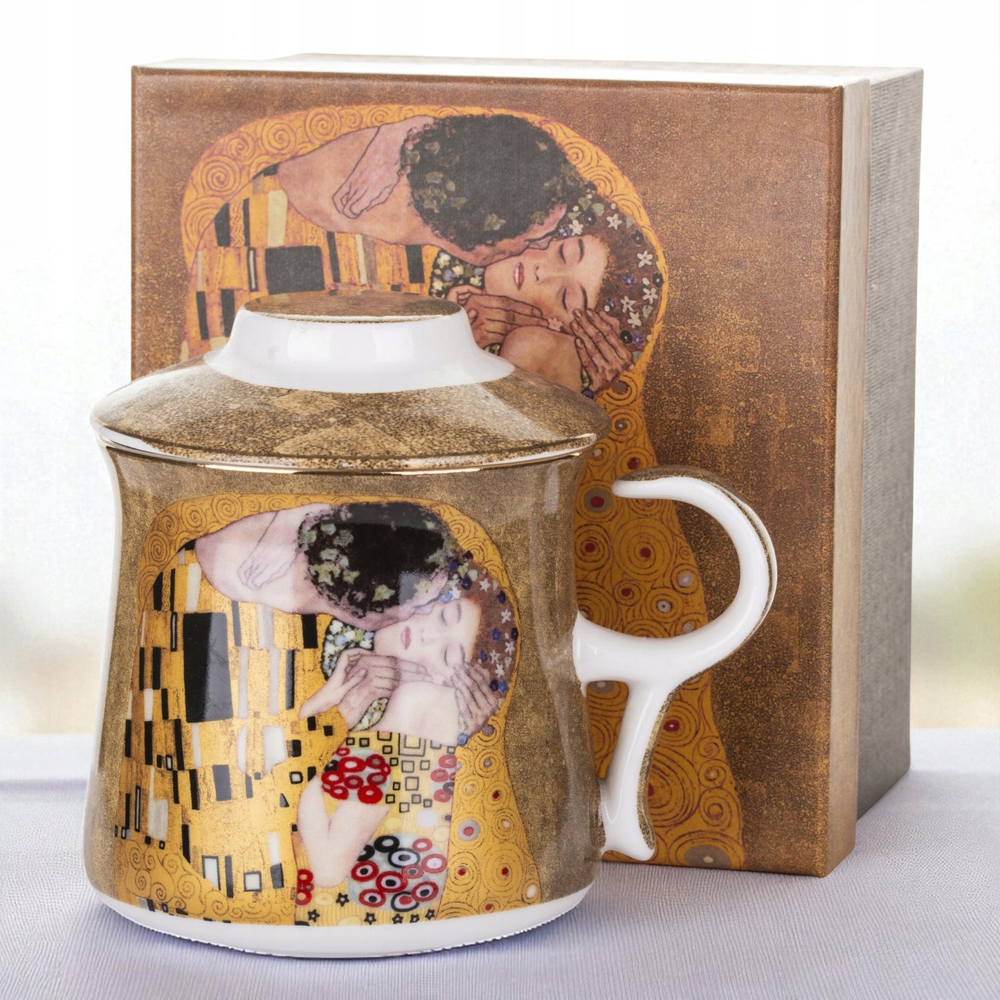 Kubek z zaparzaczem w pudełku Pocałunek Gustav Klimt porcelana zaparzacz