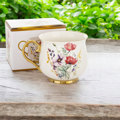 Porcelanowy duży kubek w kwiaty filiżanka do kawy herbaty 450 ml w pudełku