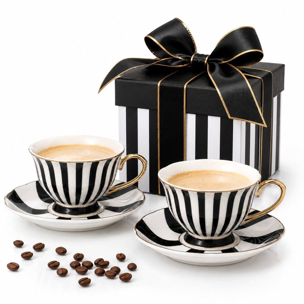 Komplet 2 szt filiżanek porcelanowych 220ml czarno - białe paski zestaw