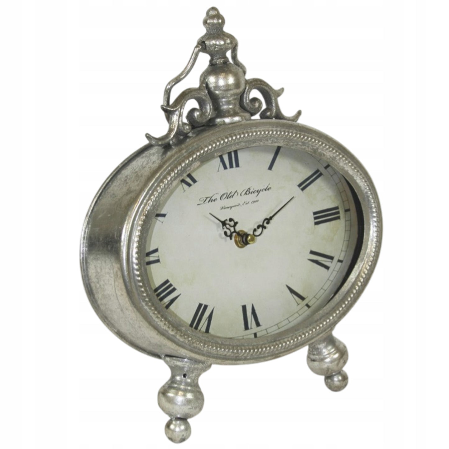 Zegar metalowy stojący retro vintage srebrny 26cm
