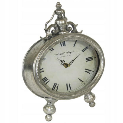 Zegar metalowy stojący retro vintage srebrny 26cm