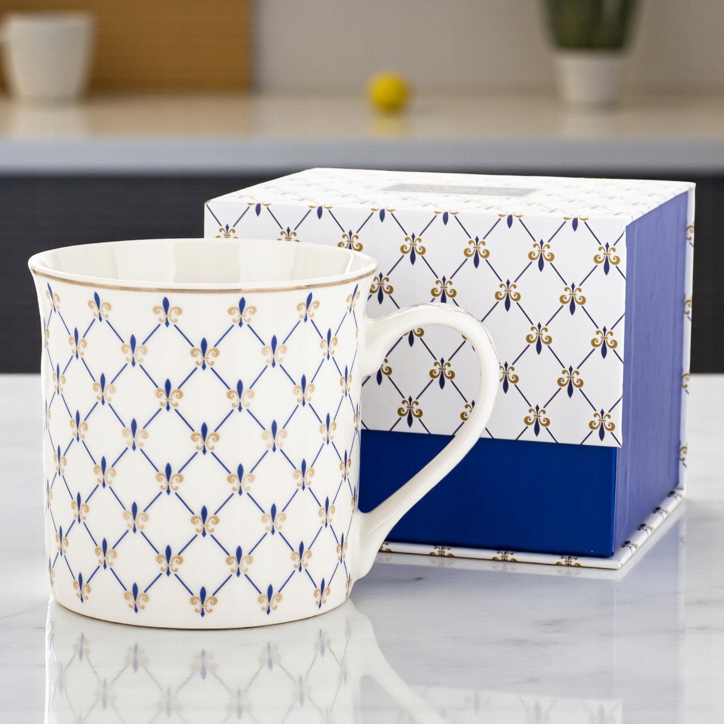 Kubek Porcelanowy w Ozdobnym Pudełku niebieski biały na prezent 380 ml