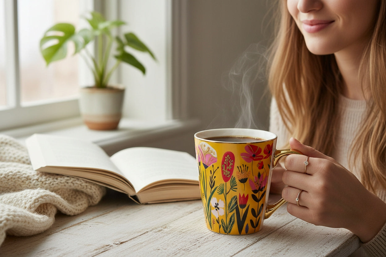 Kubek porcelanowy 300 ml kolorowy kwiaty złote ucho na kawe herbatę prezent
