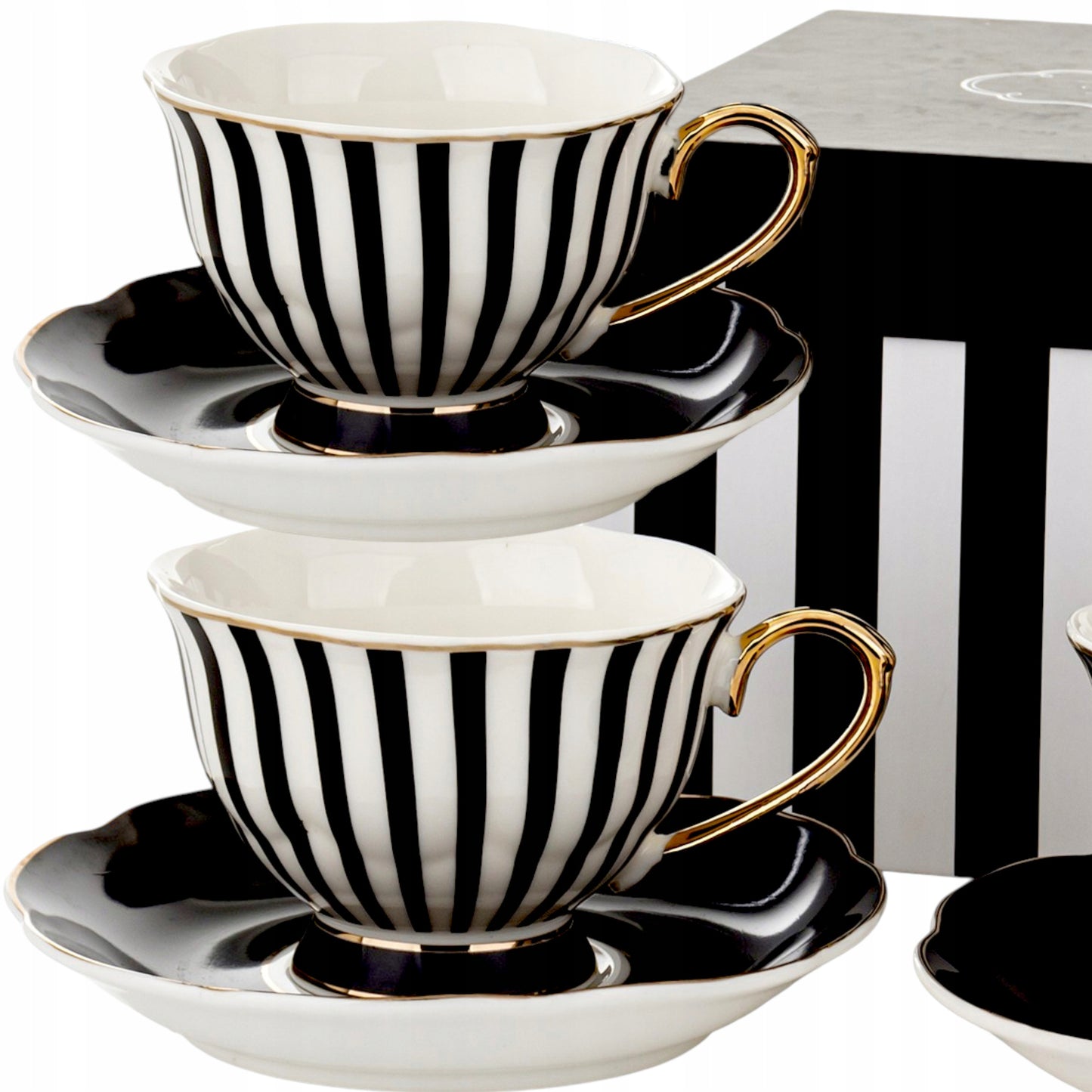 Komplet filiżanek porcelanowych 220 ml 2szt. biało-czarne złote zestaw