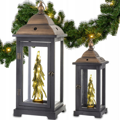 2 szt Kpl Lampion latarnia drewniany zestaw lampionów czarny brąz loft