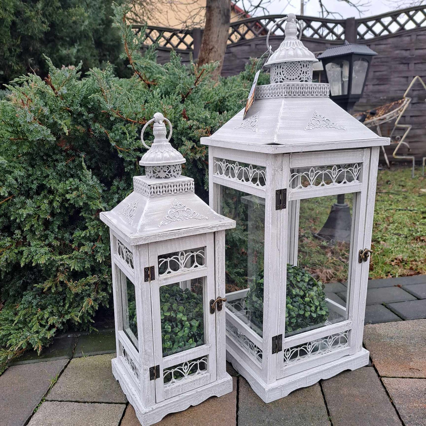 zestaw 2 szt Lampion latarnia drewniany szary kpl. retro duże 69cm XXL