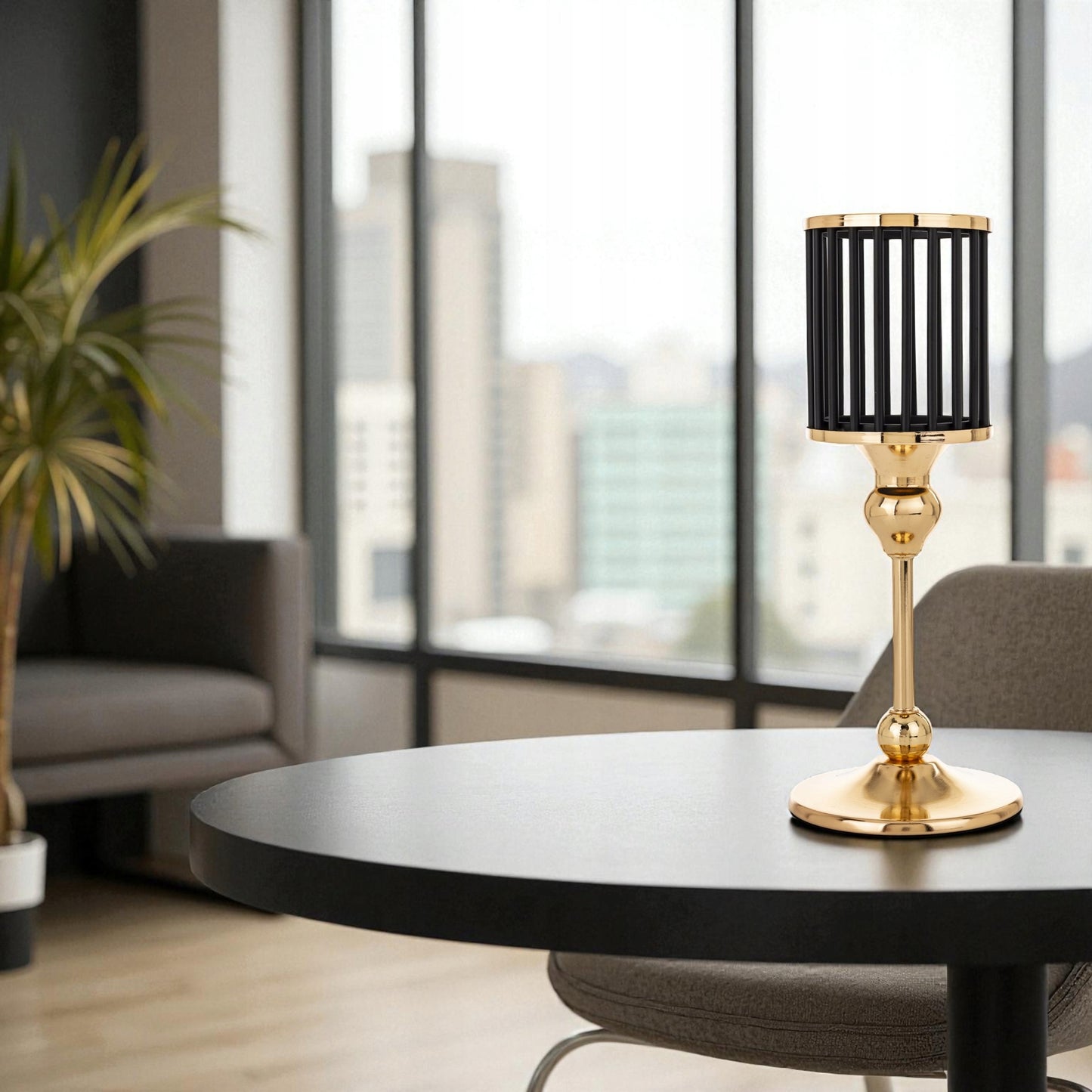 Świecznik metalowy złoty dekoracyjny glamour czarny lampion na nóżce 30,5cm