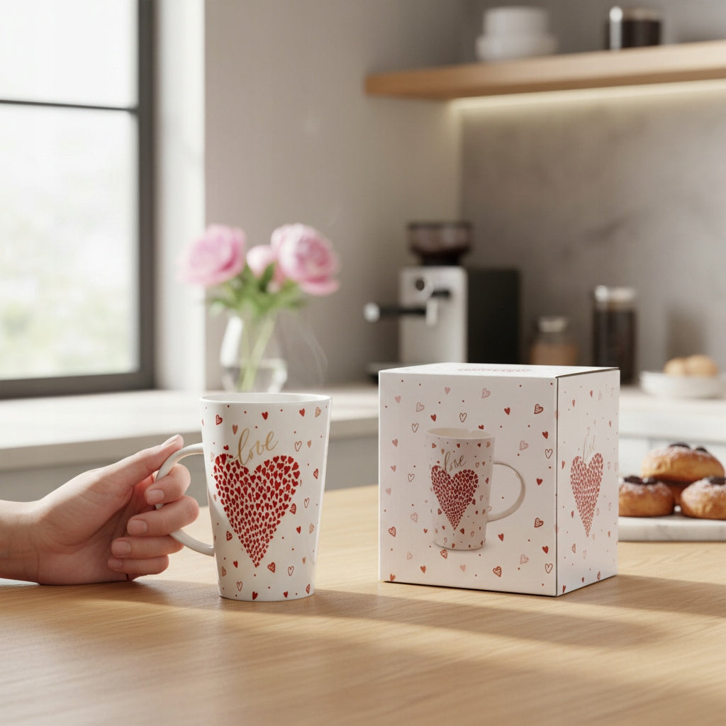 Duży porcelanowy kubek w pudełku czerwony na walentynki prezent 450 ml
