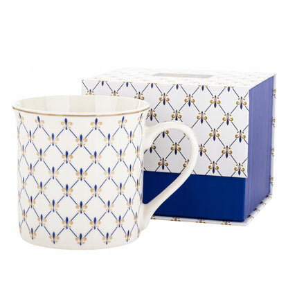 Kubek Porcelanowy w Ozdobnym Pudełku niebieski biały na prezent 380 ml