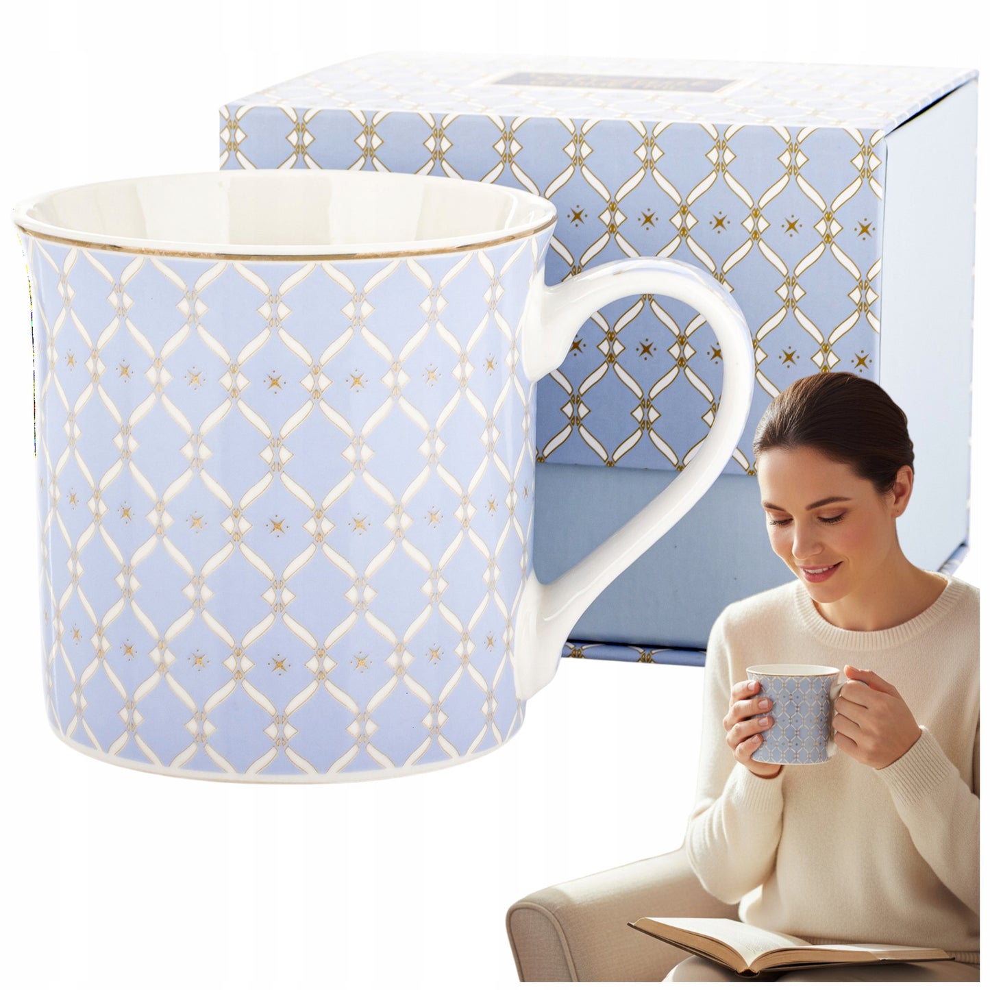 Kubek duży porcelanowy w pudełku niebieski na prezent 380 ml