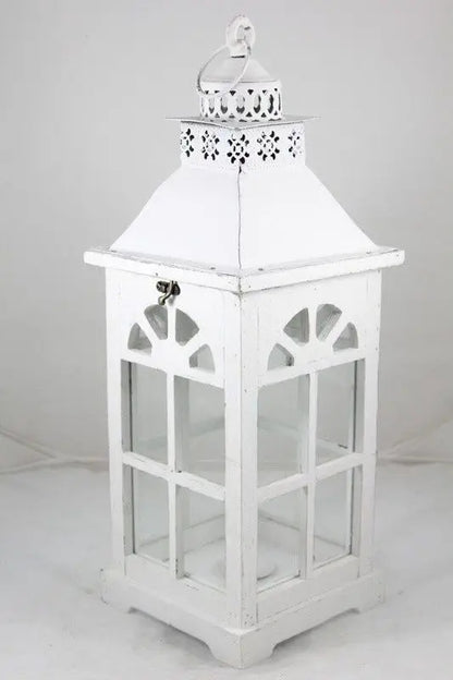 Lampion biały drewno, metal, szkło 54 cm Świecznik Latarnia