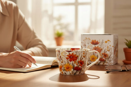 Kubek porcelanowy w kwiaty do kawy herbaty zmywarki mikrofali duży 450 ml