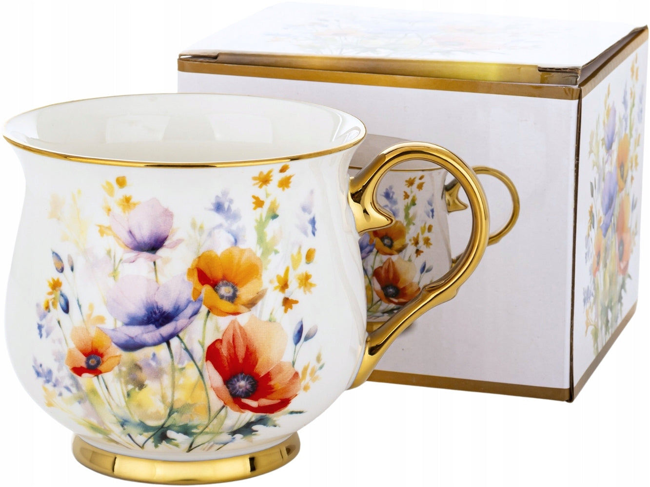 Porcelanowy duży kubek w kwiaty filiżanka do kawy herbaty 450 ml w pudełku