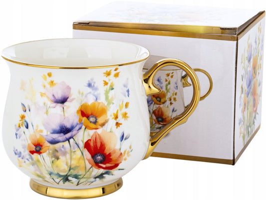 Porcelanowy duży kubek w kwiaty filiżanka do kawy herbaty 450 ml w pudełku