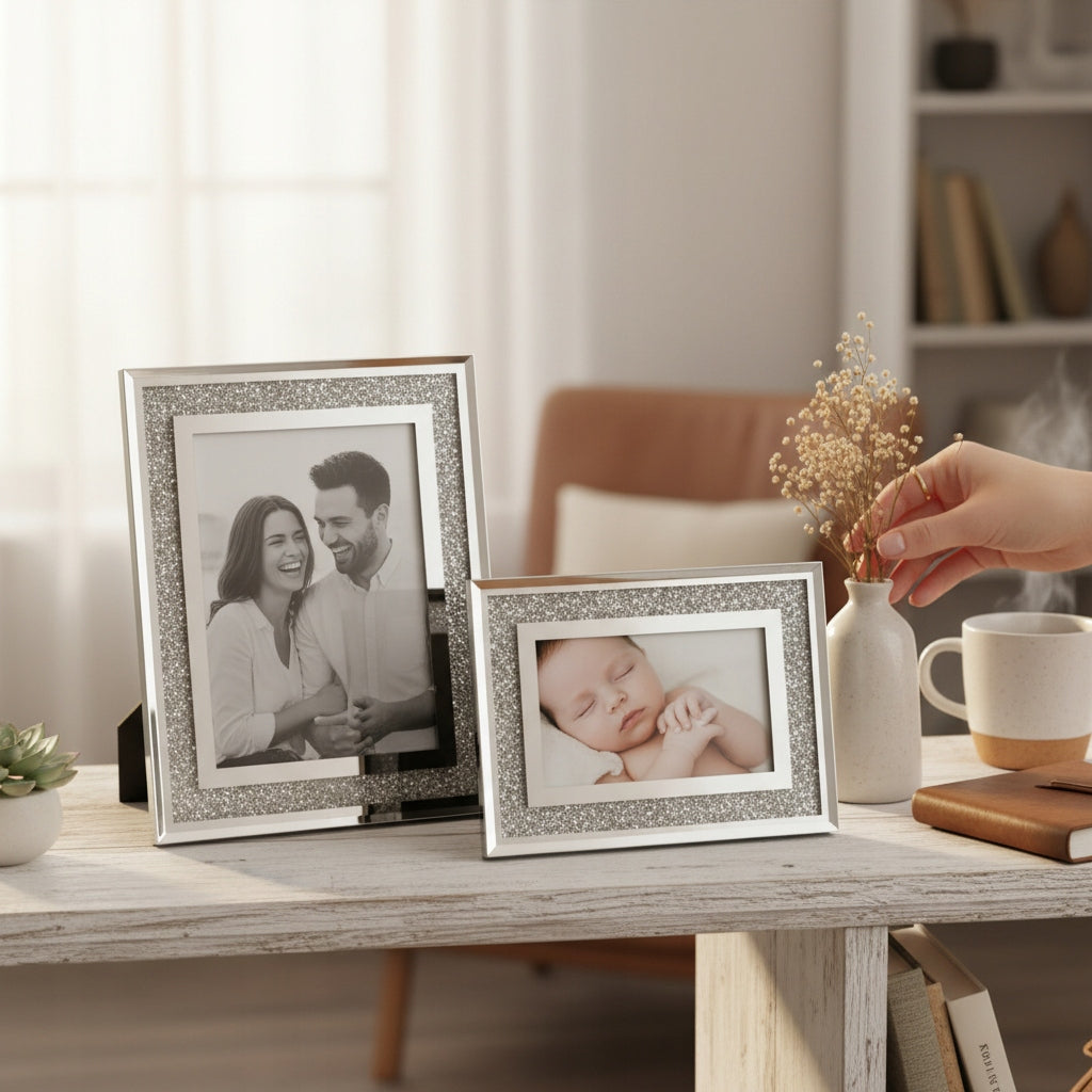 Ramka na zdjęcia srebrna kryształki na fotografię 13x18 cm stojąca