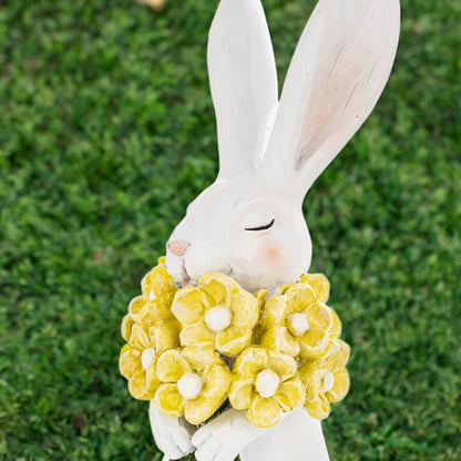 Figurka królik biały zajączek wielkanocny z kwiatami wiosenny 21cm