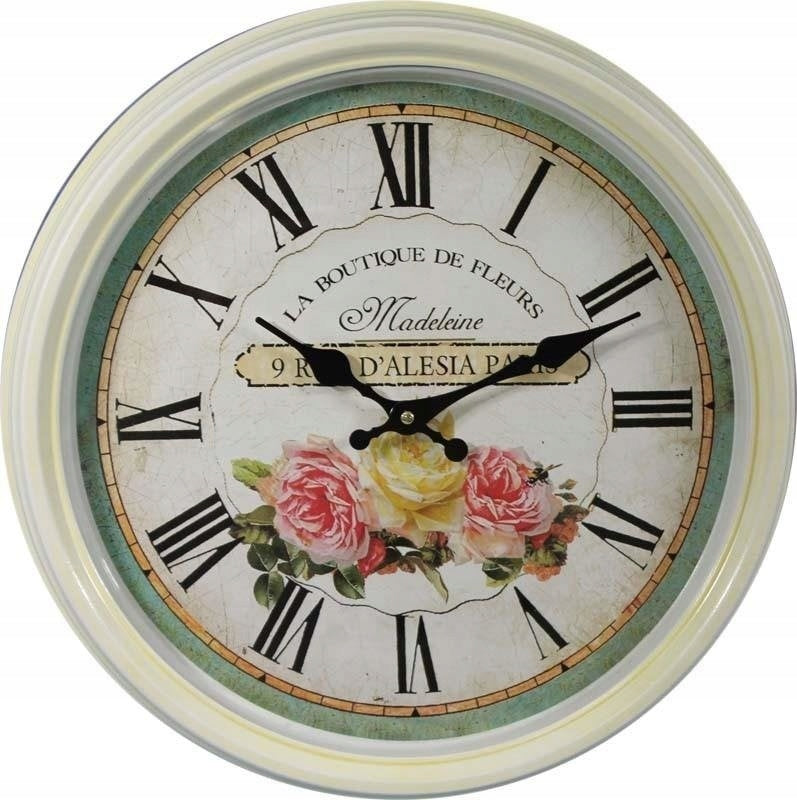 Zegar ścienny metalowy retro biały 39cm kwiaty