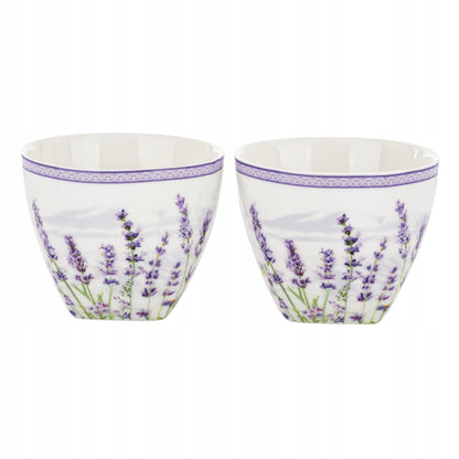 Zestaw 2 filiżanek z podstawkami i łyżeczkami porcelana lawenda prowansja