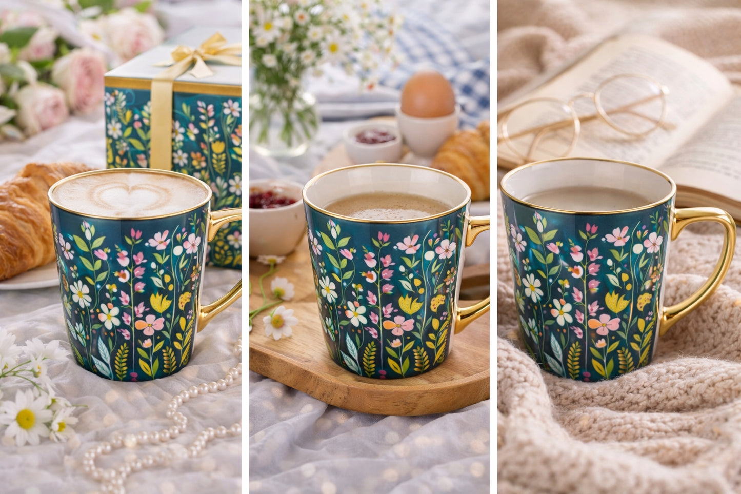 Kubek porcelanowy 300 ml kolorowy w kwiaty wiosenny na kawe herbatę prezent