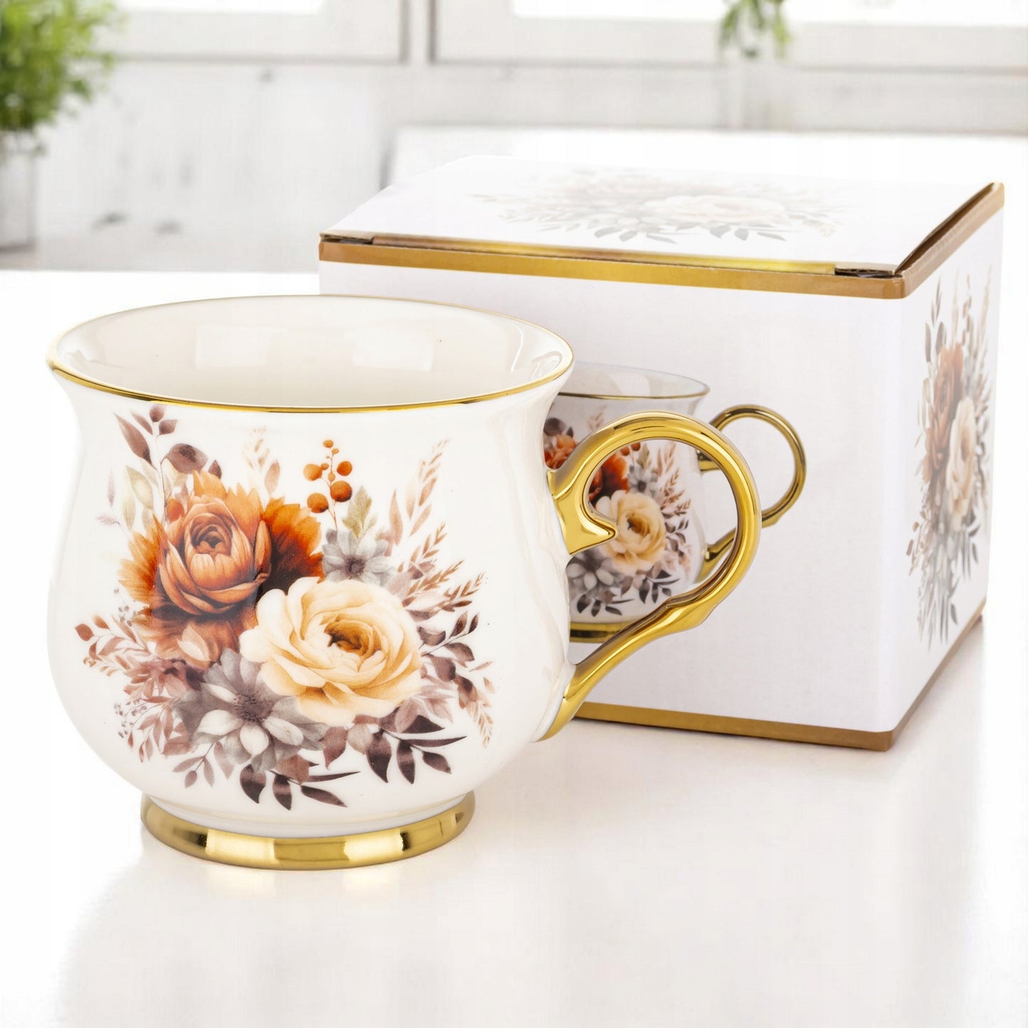 Kubek w pudełku porcelana 450 ml filiżanka wzór w kwiaty prezentowy