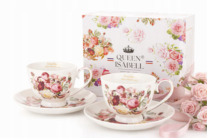 Zestaw 2 Filiżanek z Podstawką Porcelana kubek Kwiaty kawa herbata Prezent