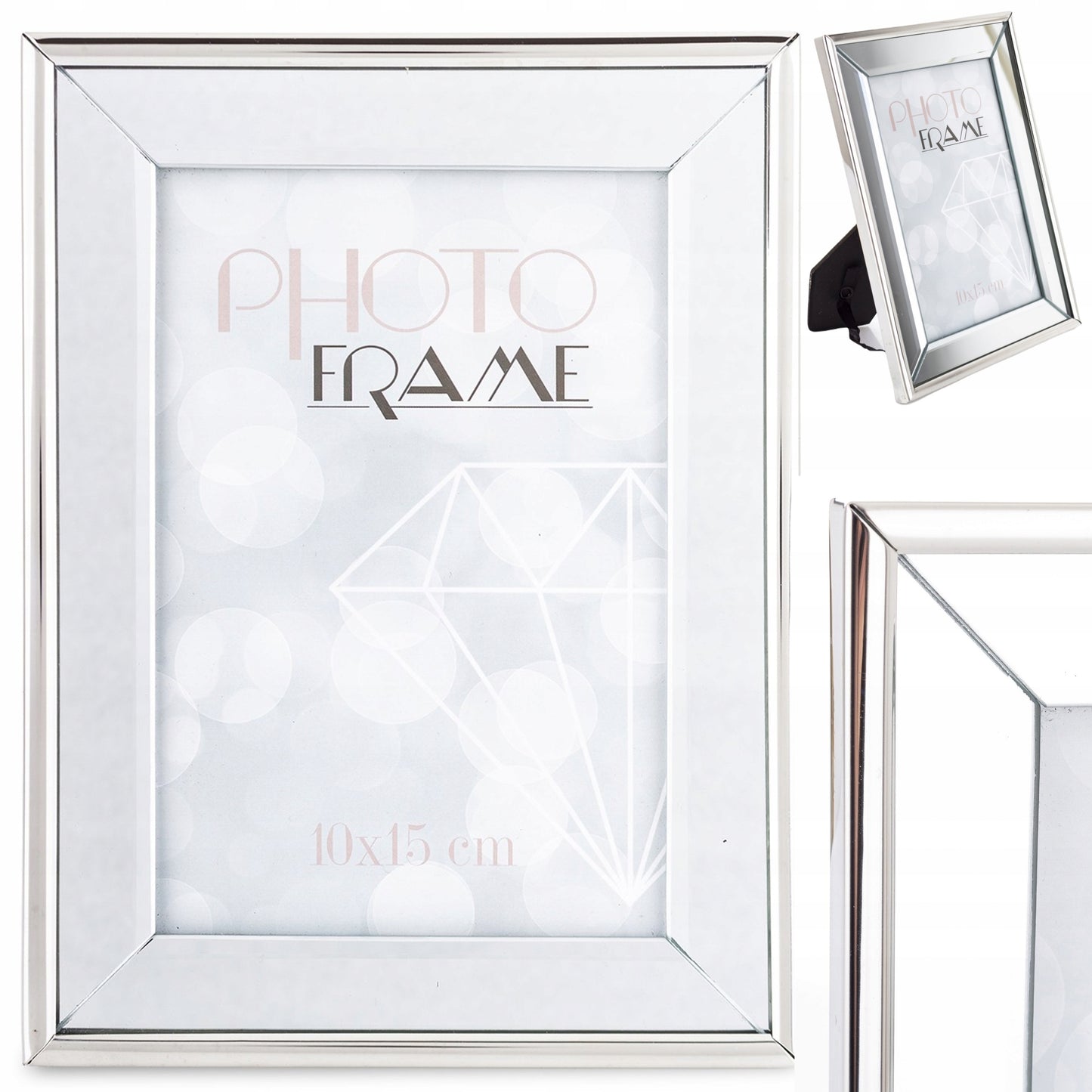 srebrna ramka na zdjęcie 10x15 lustrzana glamour stawiana zawieszana