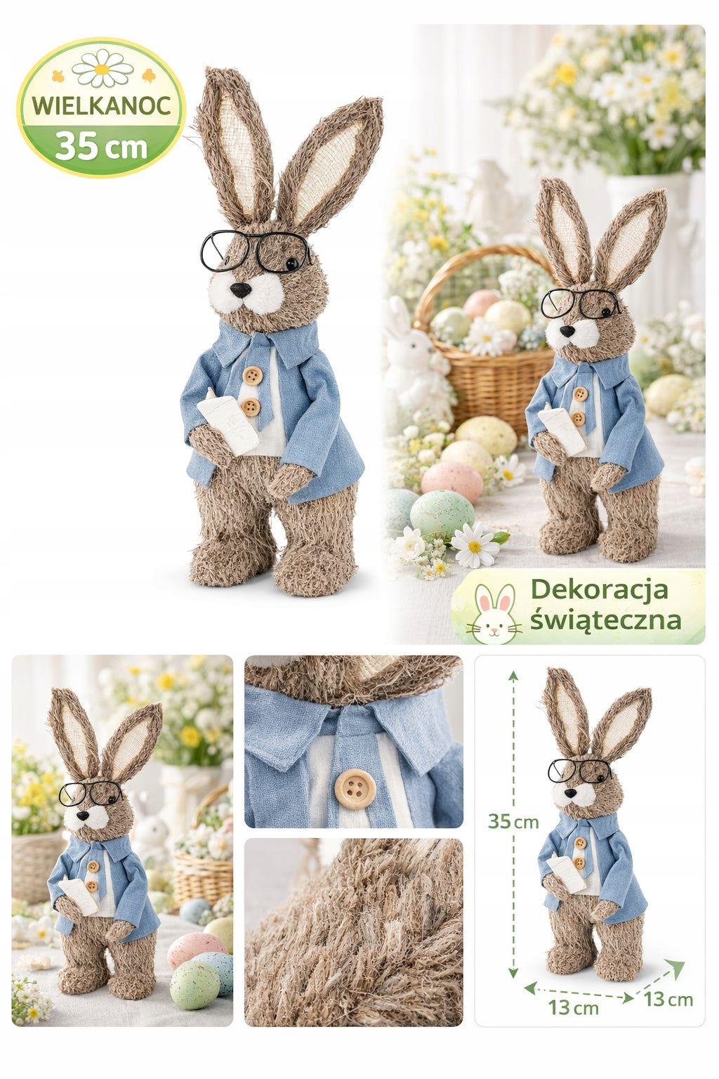 Figurka Królik Wielkanocny 35 cm Dekoracja Świąteczna Zając z Okularami