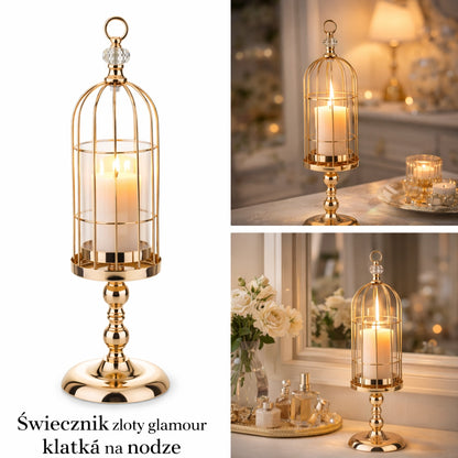 Świecznik złoty glamour klatka na nodze dekoracja stołu elegancka duży 51cm