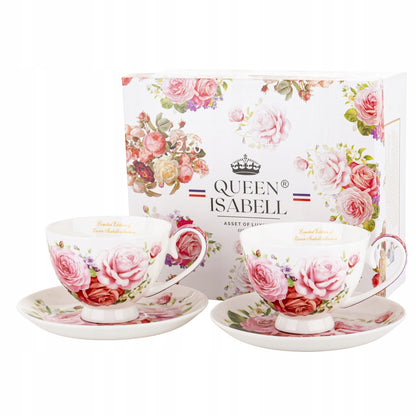 Elegancki komplet filiżanek w róże porcelana zestaw na prezent 2 szt 250ml