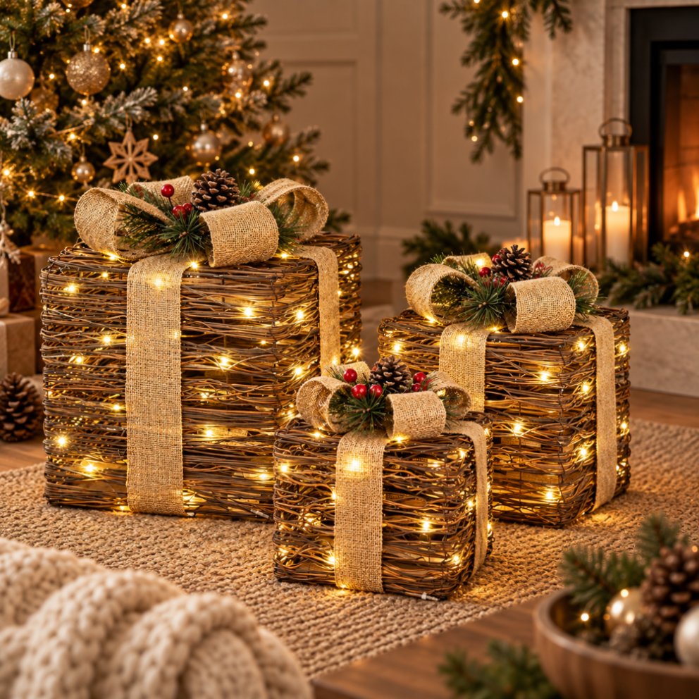 Ozdoba świąteczna LED Prezent czarny, beżowy 30x26x26 25x21x21 18x17x17 cm