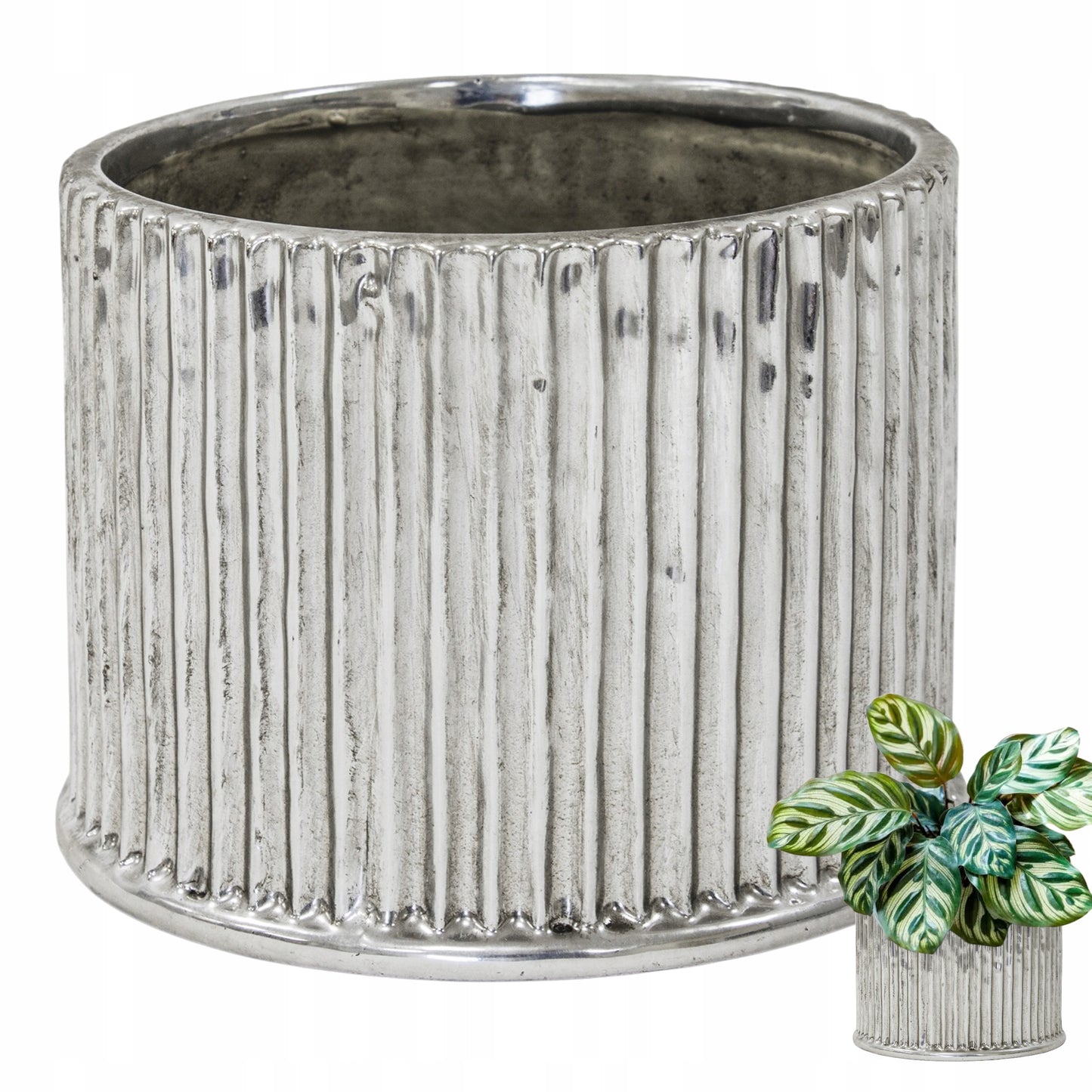 Osłonka ceramiczna srebrna doniczka okrągła średnia 15x16x16