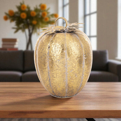 Duża Dekoracja złota dynia metalowa ozdobna figurka jesień Halloween 38cm