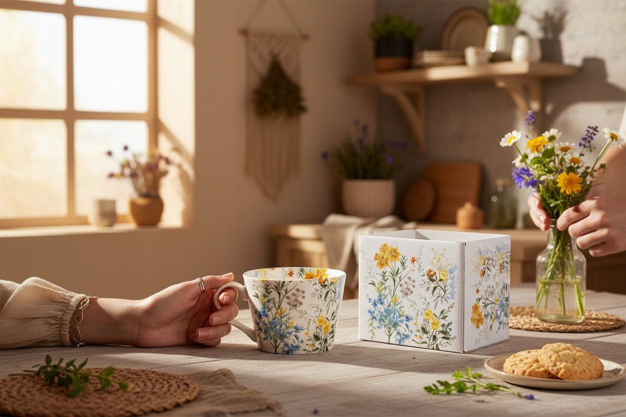 Duży kubek porcelanowy 450 ml do kawy herbaty kwiaty boho prezent zmywarka
