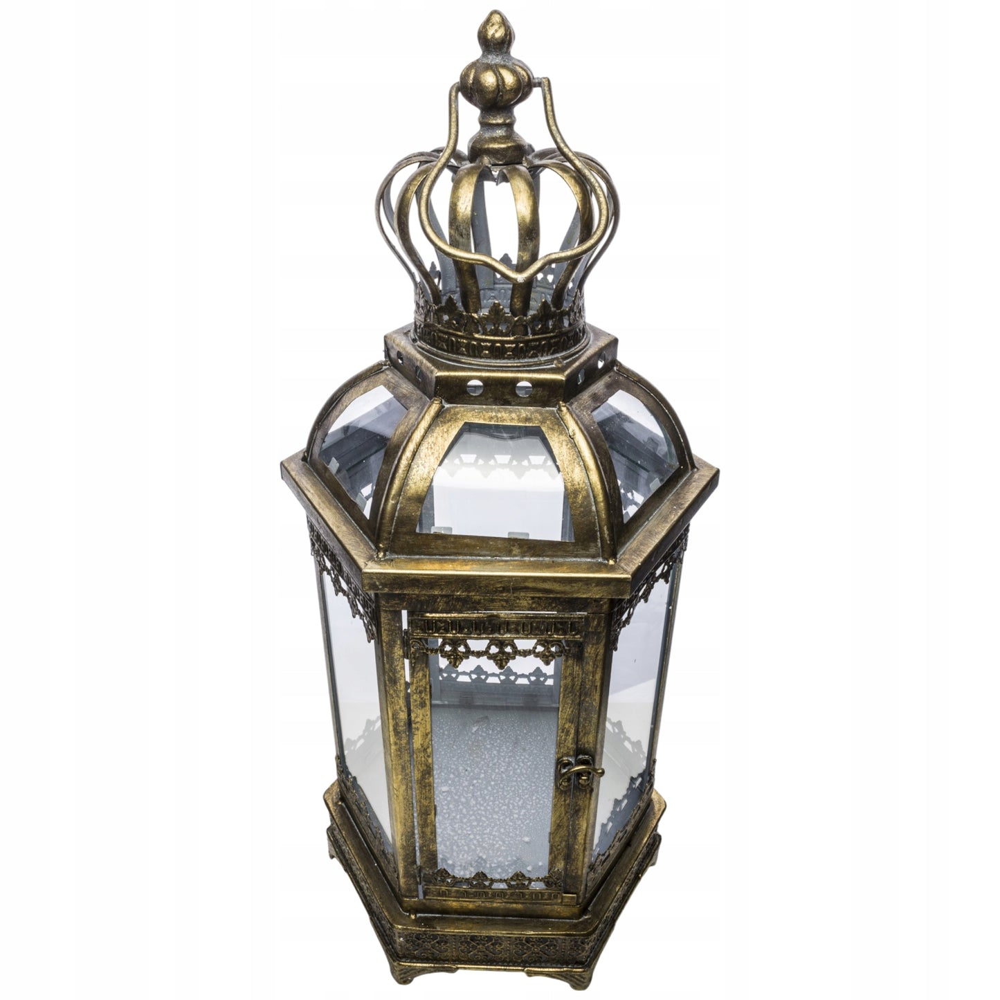 Lampion złoty metalowy postarzana latarnia w indyjskim stylu wysoka 64 cm