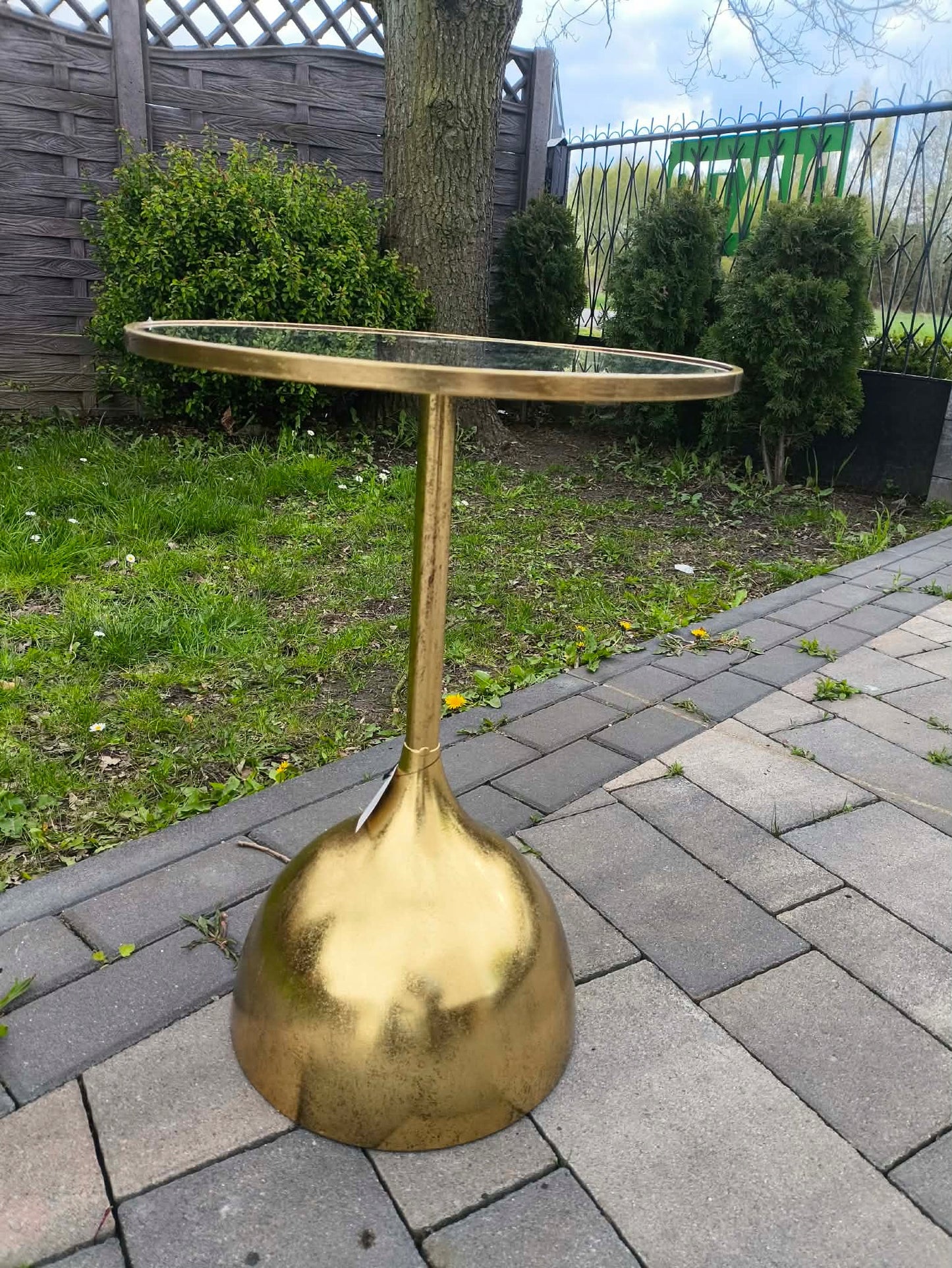 Złoty Okrągły Stolik Kawowy Boczny Pomocniczy Retro Loft Vintage Lustro