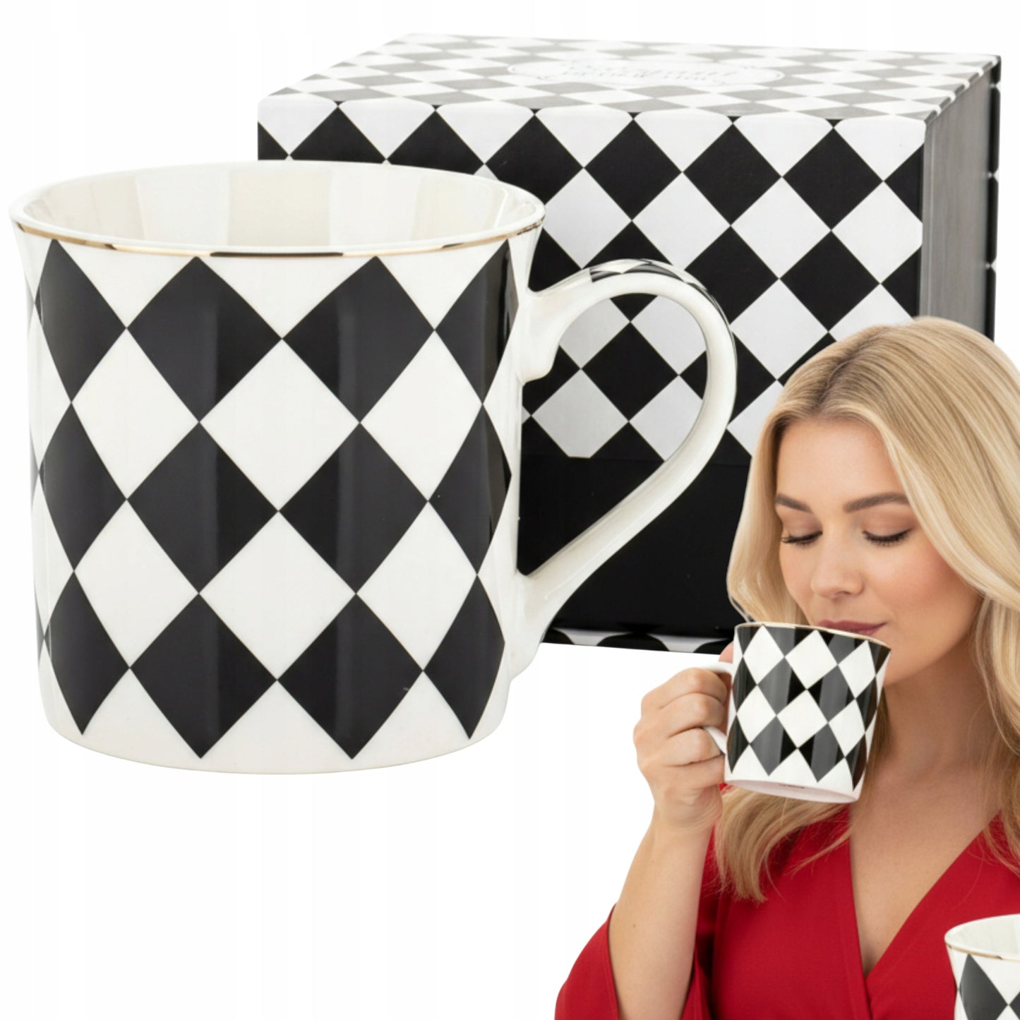 Kubek porcelanowy w pudełku na prezent czarno biały porcelana 380 ml