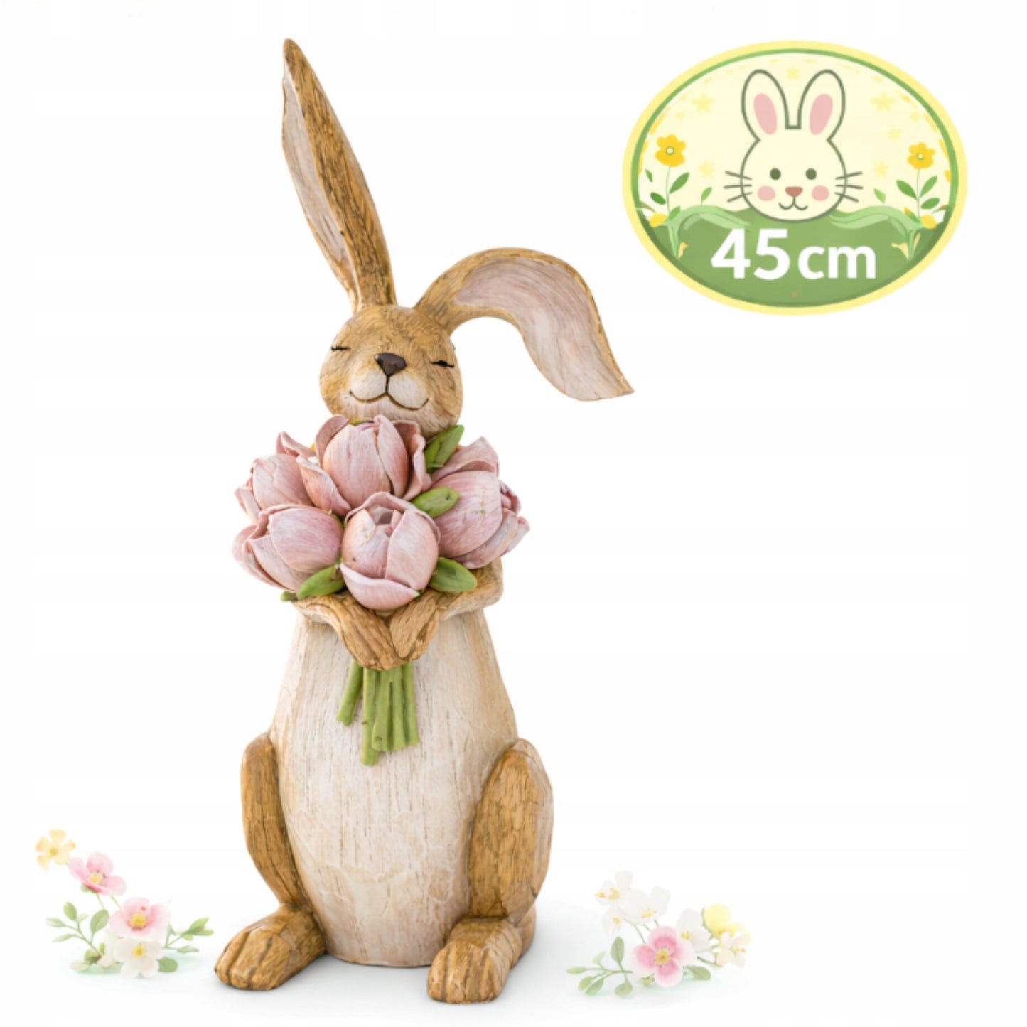 Figurka Królik Wielkanocny 45 cm Elegancka Dekoracja z Kwiatami XL wiosenna
