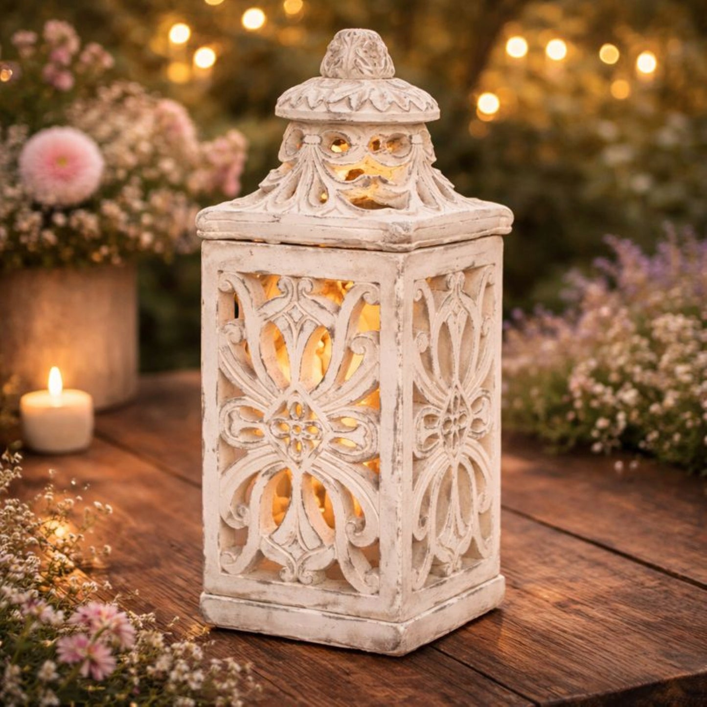 Lampion Cementowy Latarenka Świecznik Boho Ogrodowy 37cm Retro Ażurowy