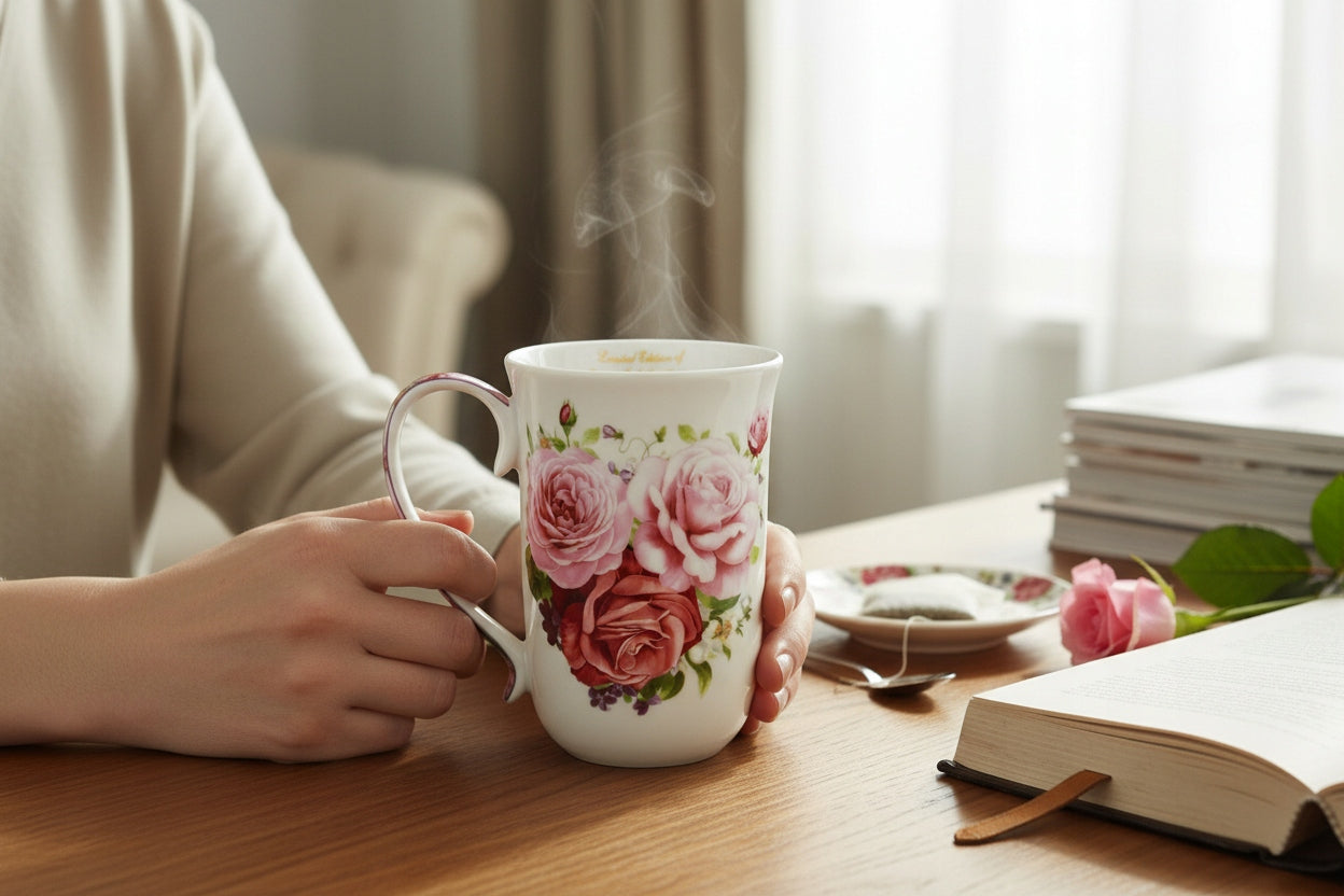 Kubek porcelanowy 400 ml w róże elegancki kubek kwiatowy prezent w pudełku
