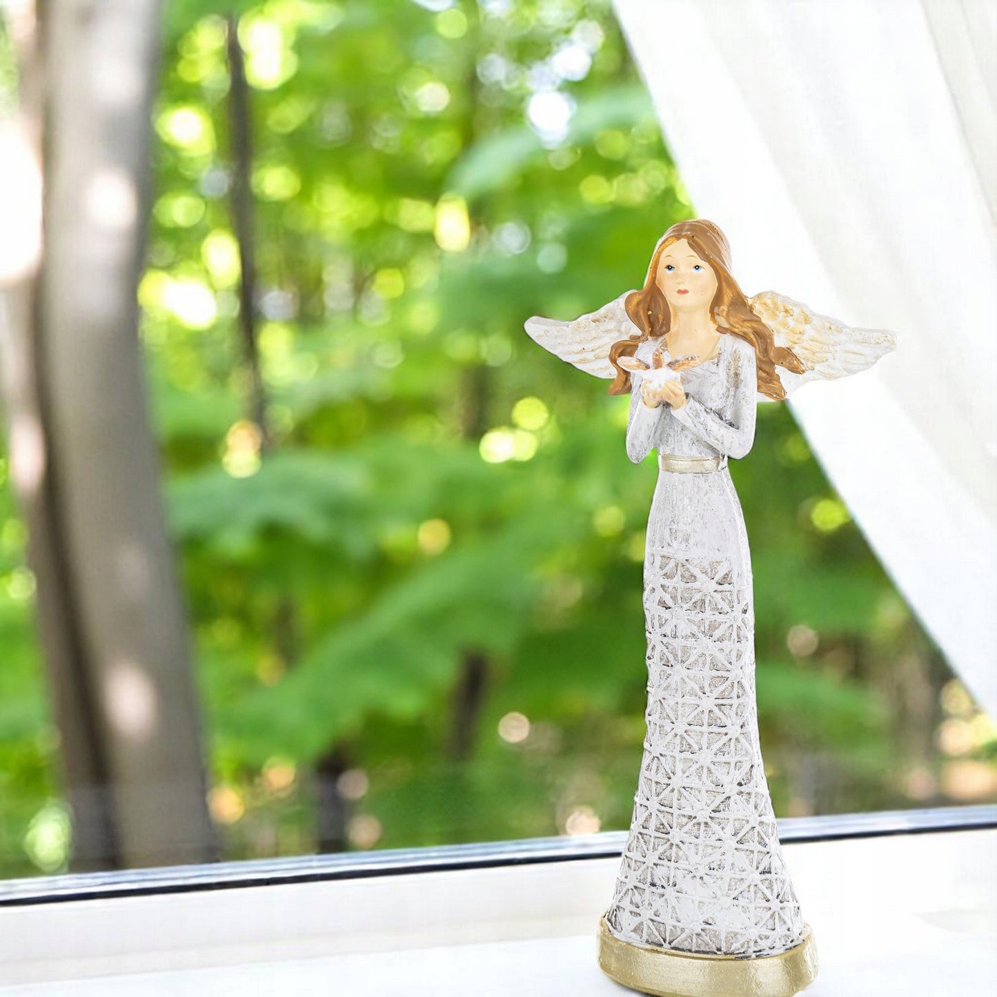 Aniołek FIGURKA ANIOŁ Z GOŁĘBIEM W AŻUROWEJ SUKIENCE 20CM
