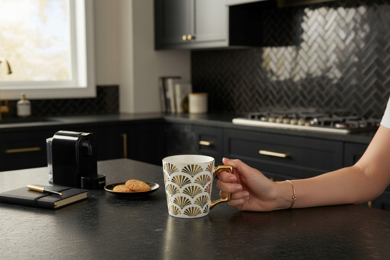 Porcelanowy Kubek elegancki złote ucho 310ml gustowny na prezent
