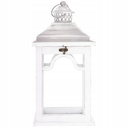 Stylowy rustykalny drewniany lampion biały świecznik duża latarnia 38cm