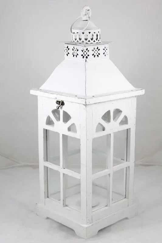 Lampion biały drewno, metal, szkło 54 cm Świecznik Latarnia