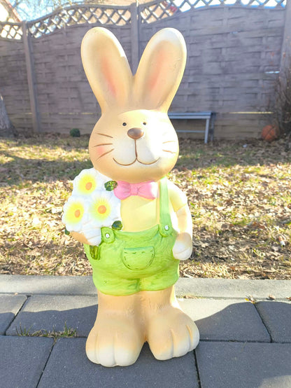 Duża Figurka zajączek Królik Zając z kwiatami 35cm wielkanocna ogrodowa