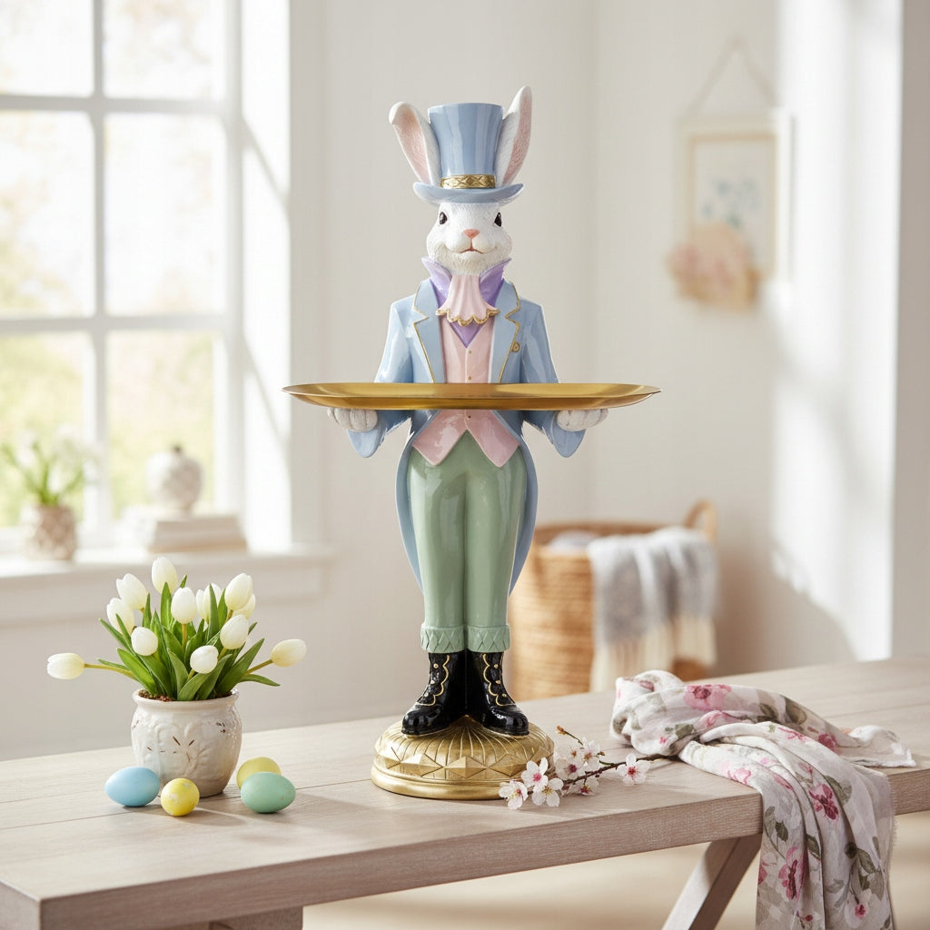 Figurka królik z tacą dekoracja zajączek Wielkanoc wiosna XXL 59,5 cm